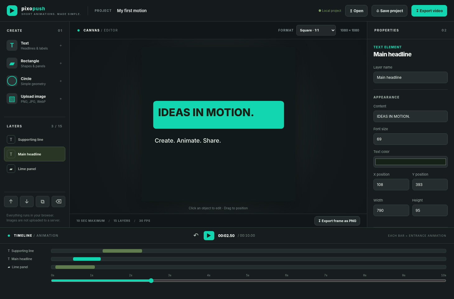 Screenshot of the working pixopush editor showing its canvas, layers, properties and animation timeline