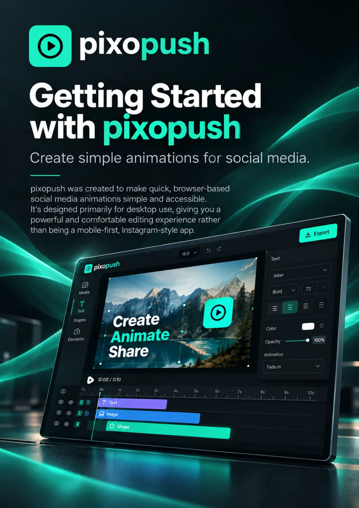 Cover of the Getting Started with pixopush PDF guide featuring a 3D editor illustration and mint energy waves